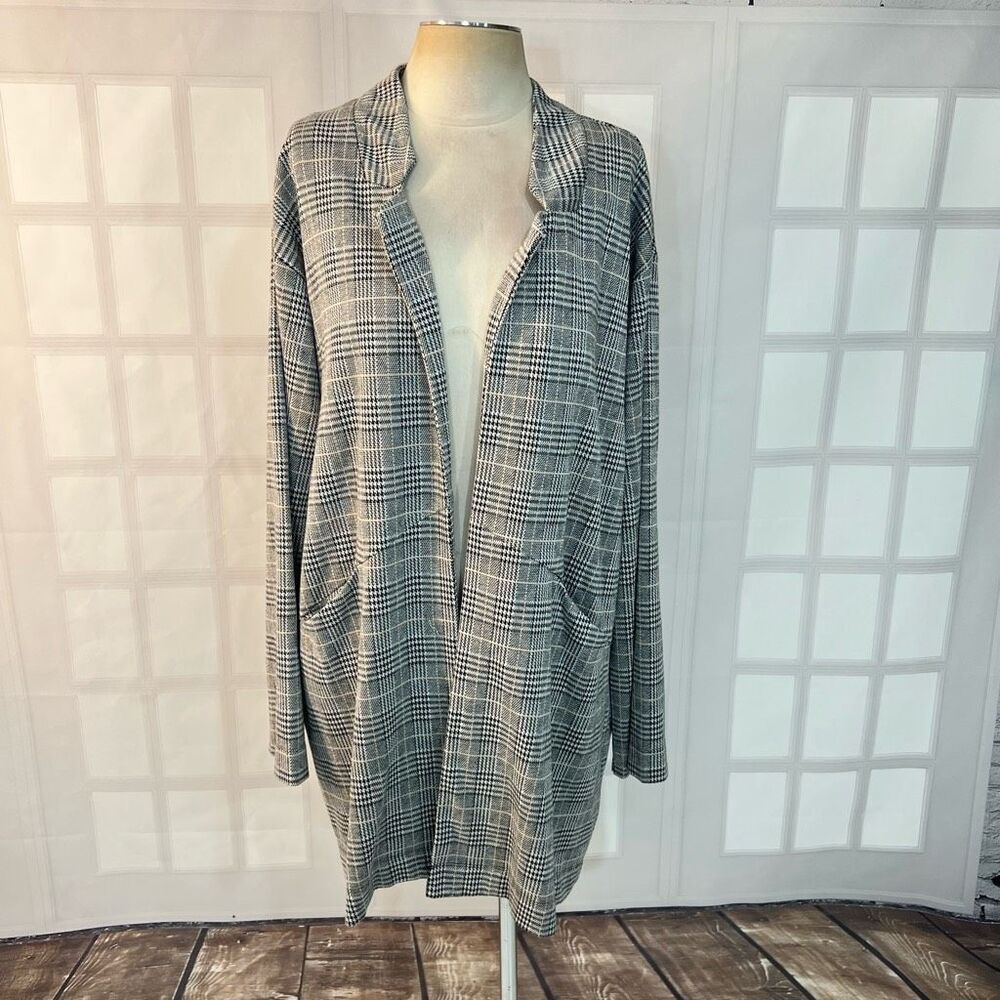 Express Gray Long Line Plaid Open Front Sweater Jacket Size XL